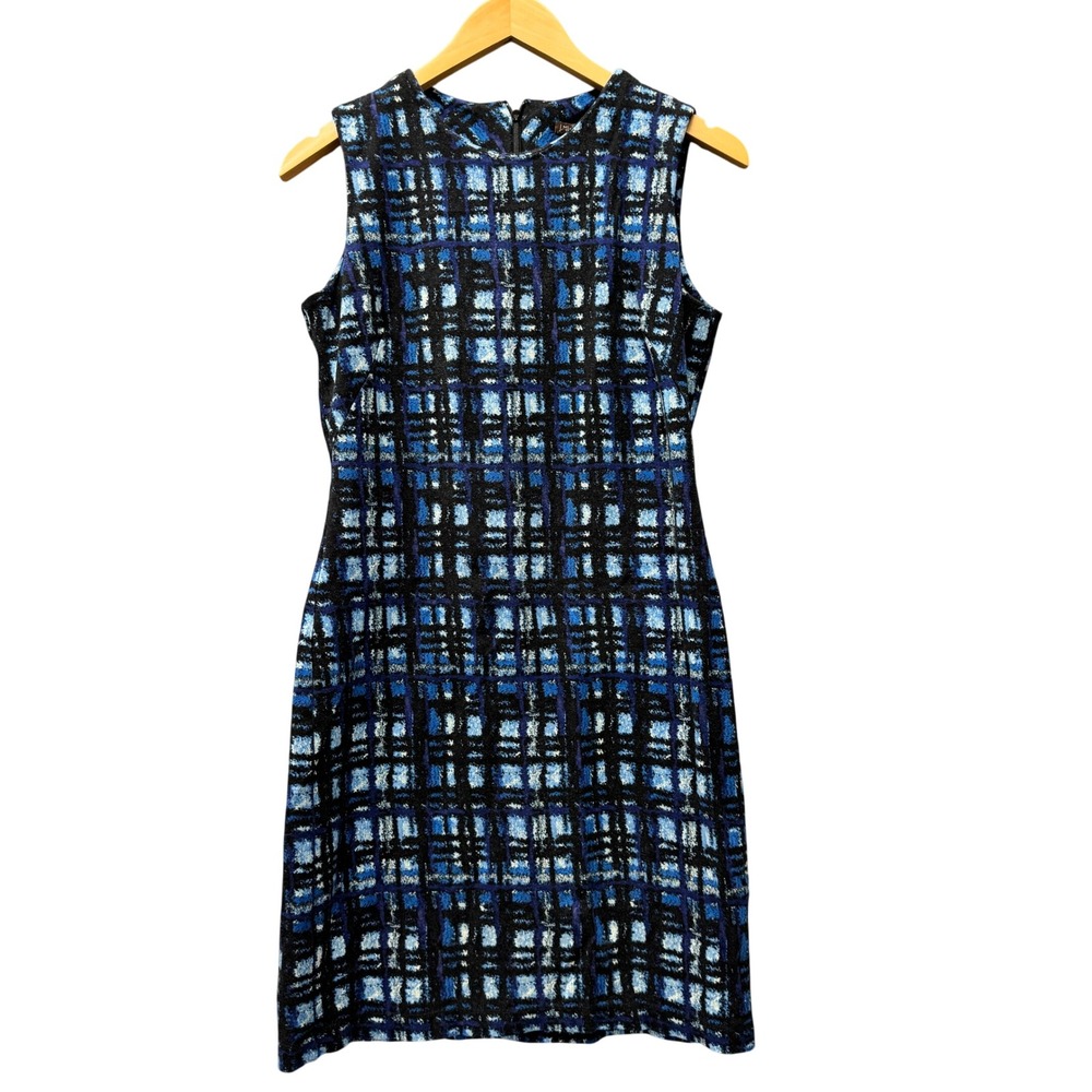 J.McLaughlin Dress Womens Small Sleeveless Plaid Blue Sheath Zip Up Classic